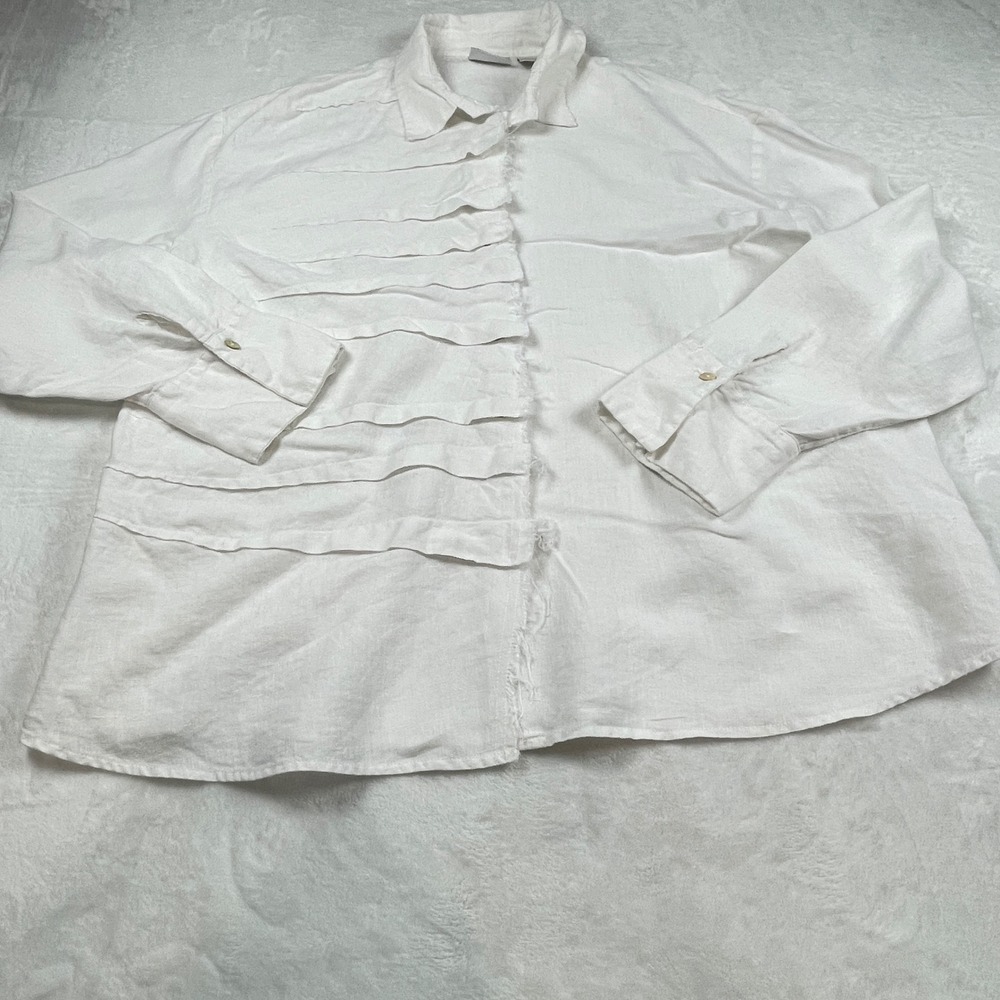 Chicos Design White 100% Linen Tiered Raw Edge Button Down Shirt Size 3 (XL)